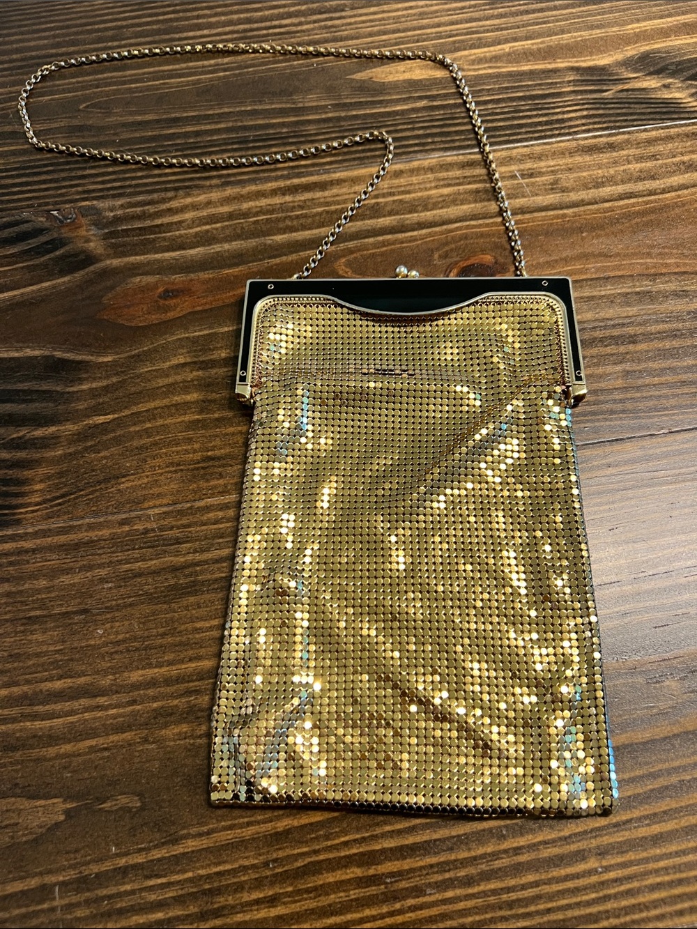 Vintage Whiting and Davis gold metal mesh handbag with black.